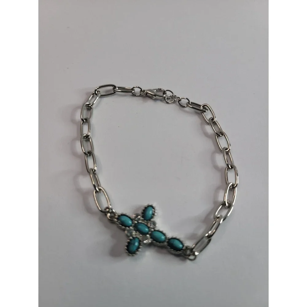Silver Tone Blue Bracelet Cabochon Cross Bracelet Paperclip Chain Western Boho